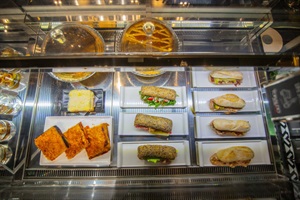 Image of savoury food in cafe cabinet