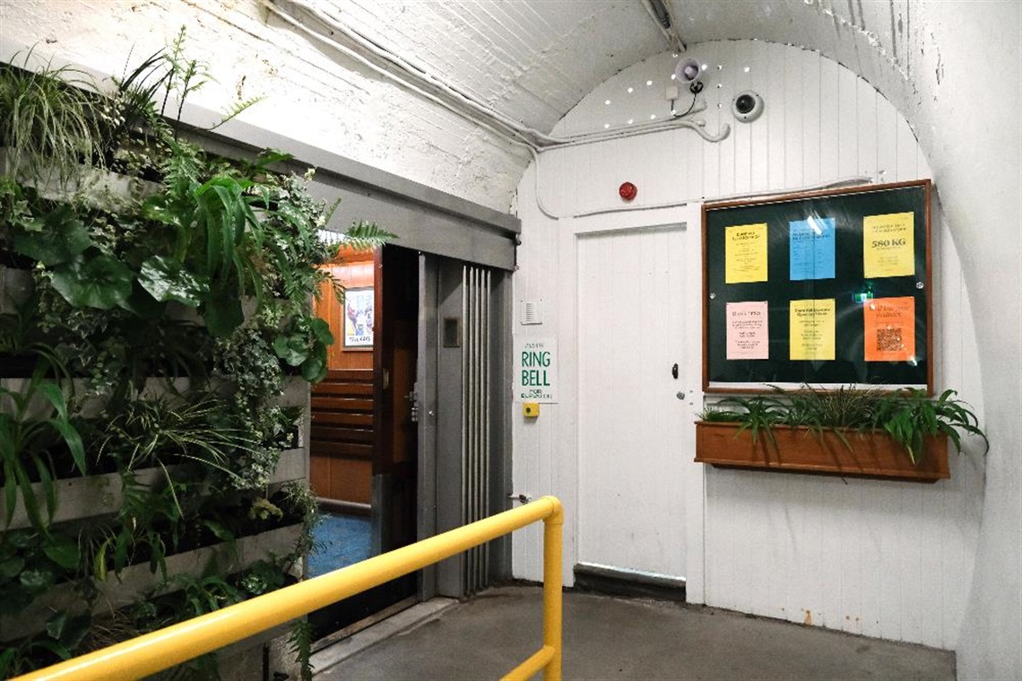 Durie Hill Elevator lower landing with noticeboard and greenery