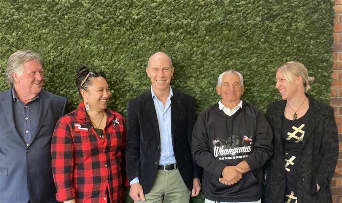 From left: Chief Crown Negotiator Rick Barker, Whanganui Land Settlement Negotiations Trust Executive Assistant Aimee Simon, Mayor Andrew Tripe, Chair of the Whanganui Land Settlement Negotiations Trust Ken Mair, Councillor Charlotte Melser