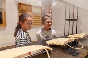 Two children viewing objects in a glass case at the opening of Te Whare o Rehua Sarjeant Gallery.jpg