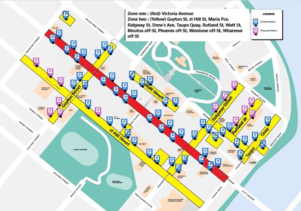Map of existing CBD parking meters in blue - new meters in purple will come into service on 5 August 2024